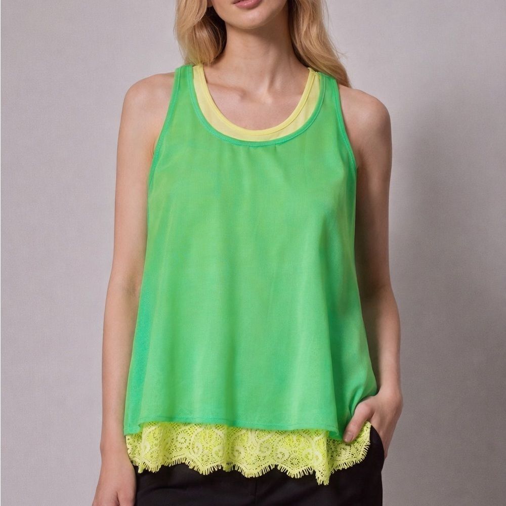 Express Layered Racerback Tank Top Small Green Yellow Lace Hem